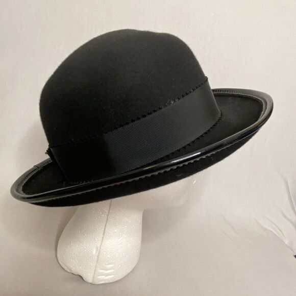 Bollman Hat Black Wool Round Top Fedora Made In USA Patent Leather Trim - Picture 2 of 9
